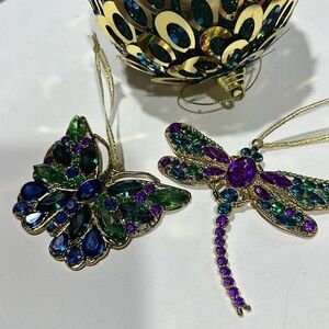 3 Jeweled & Gold jewel tone Butterfly, dragonfly & ball ornament bundle NEW